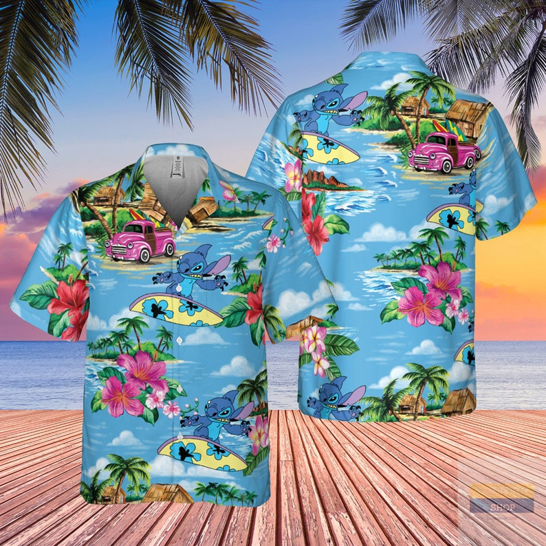 Stitch Surfing Pink Car And Hibiscus All Over Print 3D Hawaiian Shirt - Blue