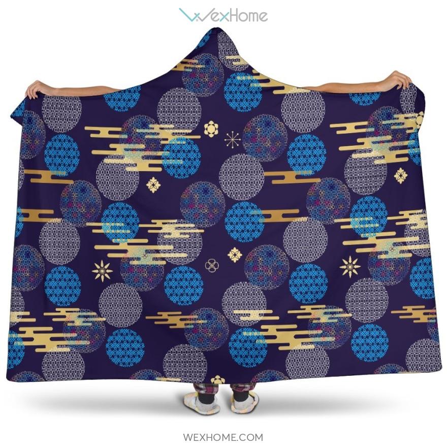 Blue Japanese Pattern Cloud Wave Flower Hooded Blanket