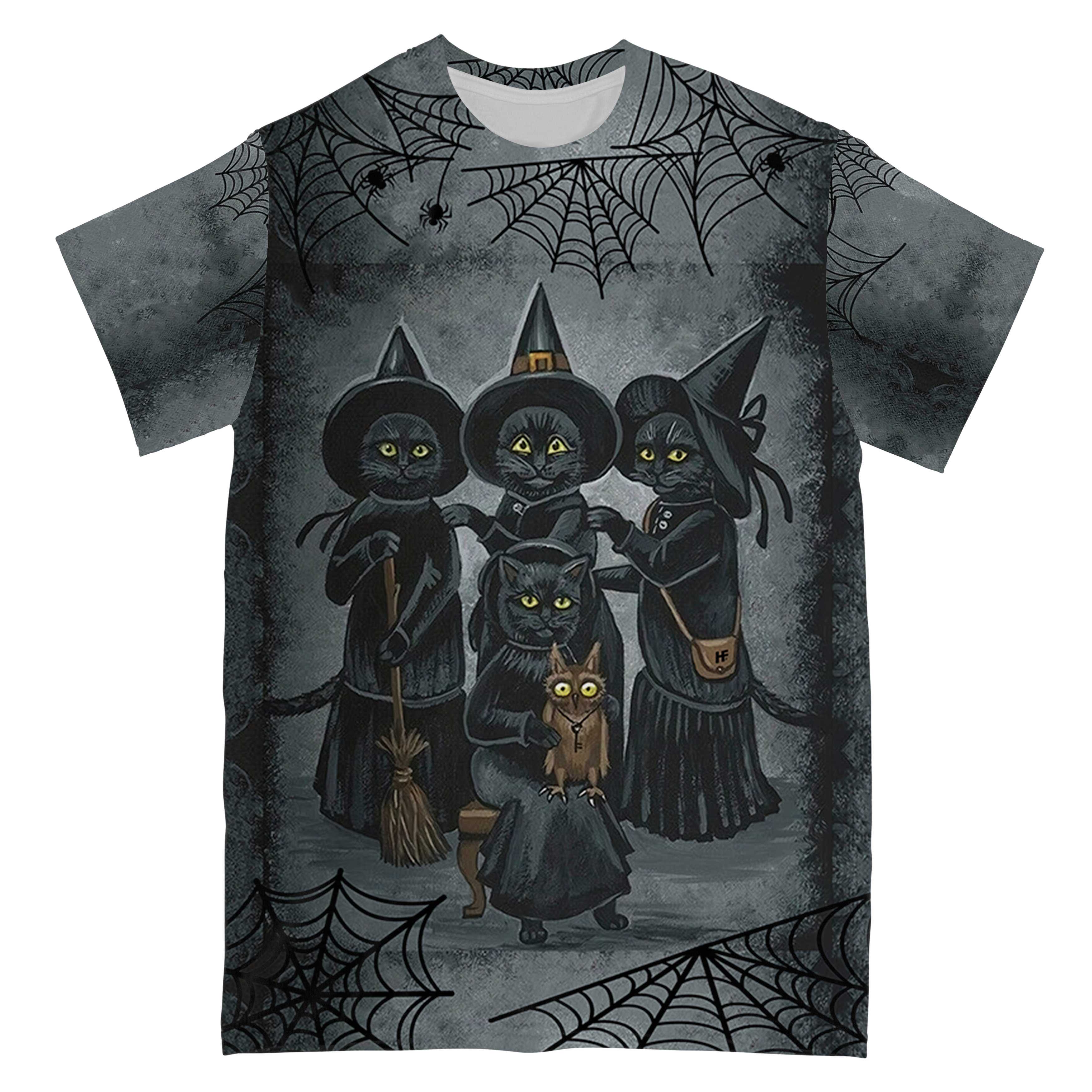 Black Cat Witch All Over Print T-Shirt, Scary Witch T- Shirt For Ladies, Halloween Gift For Cat Lovers