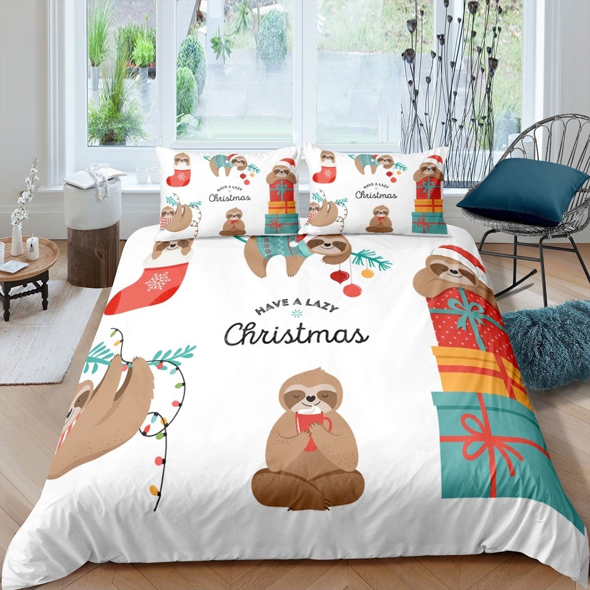 Sloth Bedding Set Cute Animal Pattern Comforter Cover For Kids Boys Girls Teens Ultra Soft Cartoon Sloth Duvet Cover Breathable Christmas Themed Bedspread Cover With Pillowcase Us Twin Full Queen King Size Bedclothes 2/3Pcs