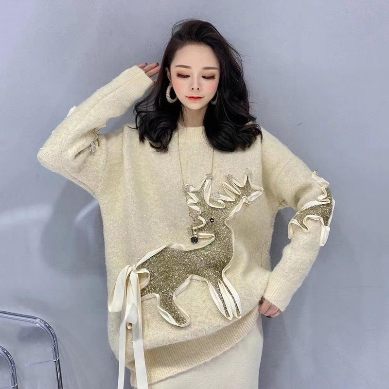 Winter Christmas Sweater Knit Coats Plus Size Sweaters Pullover Korean Fashion Elk Bright Silk Loose Designer Long Sleeve Top alx