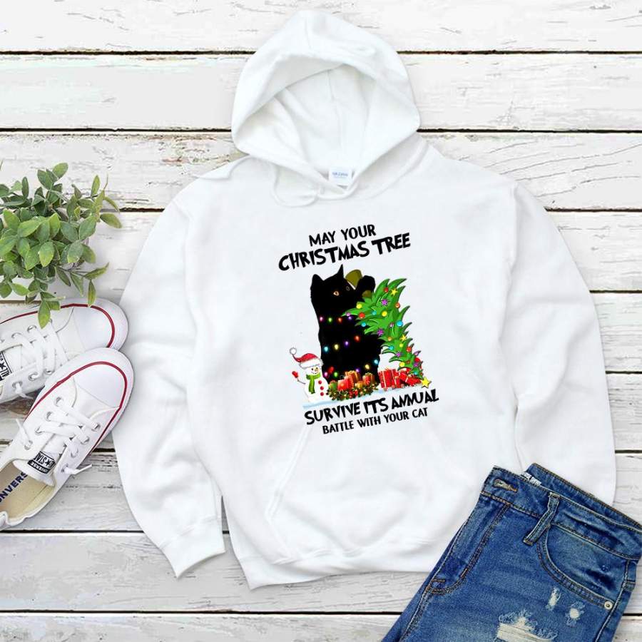 Black cat may your christmas tree survive its annual battle with your cat led gifts snowman white hoodie for men and women S-5XL