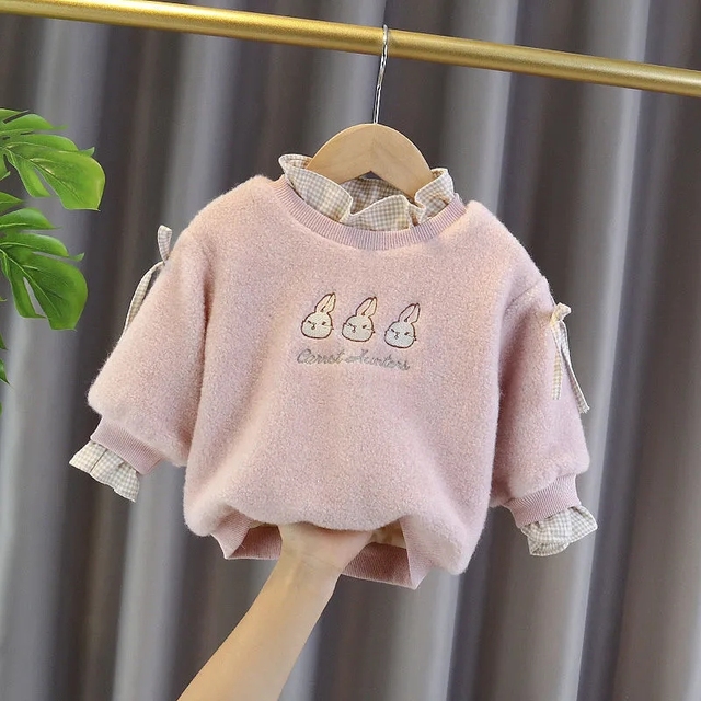 baby kids girls lovely autumn winter clothes Plush sweaters new cashmere children’s thickened bow cartoon sweaters tops P4 221 alx