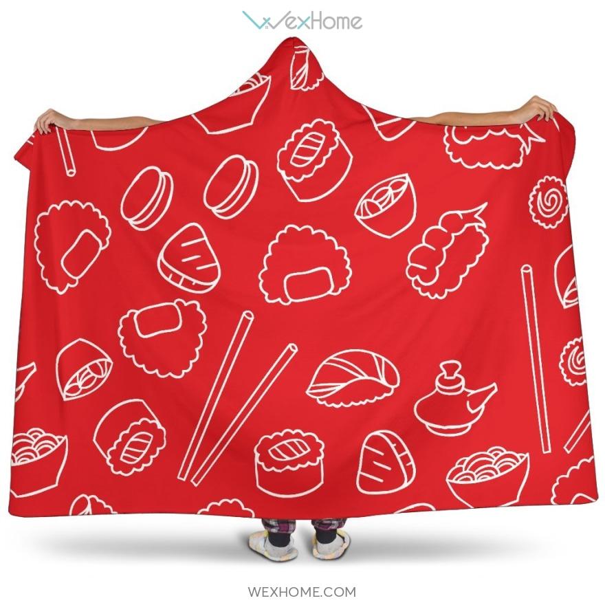 Sushi Pattern Red Background Hooded Blanket