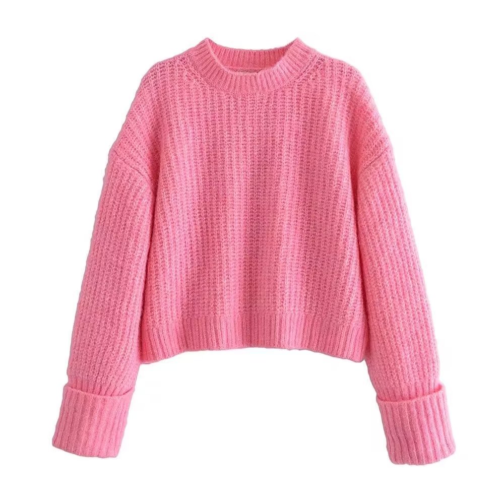 Cropped Women’s Sweater Pink Pullover Roll-up Sleeves Sweaters Tops Winter Clothes Women Long Sleeve Top Jumpers Clothing alx