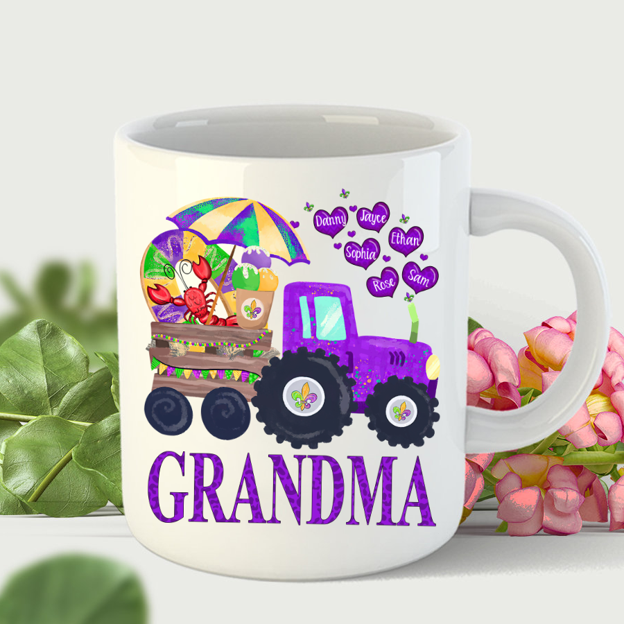 Personalized Grandma And Grandkids Hearts Tractor Gift Mardi Gras Mug