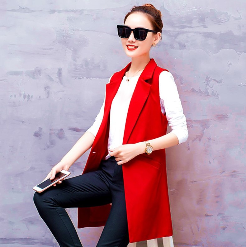 Women Long Suit Vest S-4XL Size Sleeveless Jacket Red Solid Color Black Office Lady Tops Waistcoat Women Vest With Pocket alx