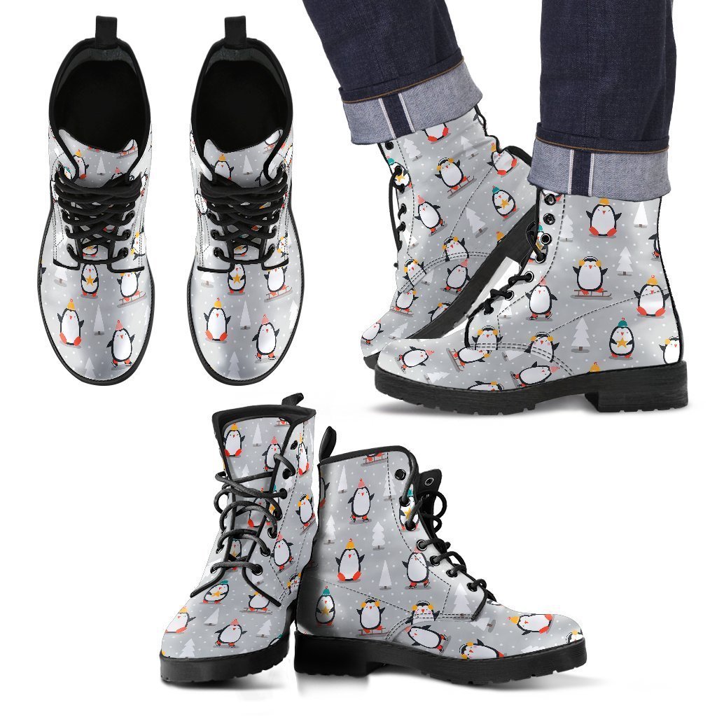 Christmas Tree Penguin Pattern Print Men Women Leather Boots Fashion Boots Custom Shoes