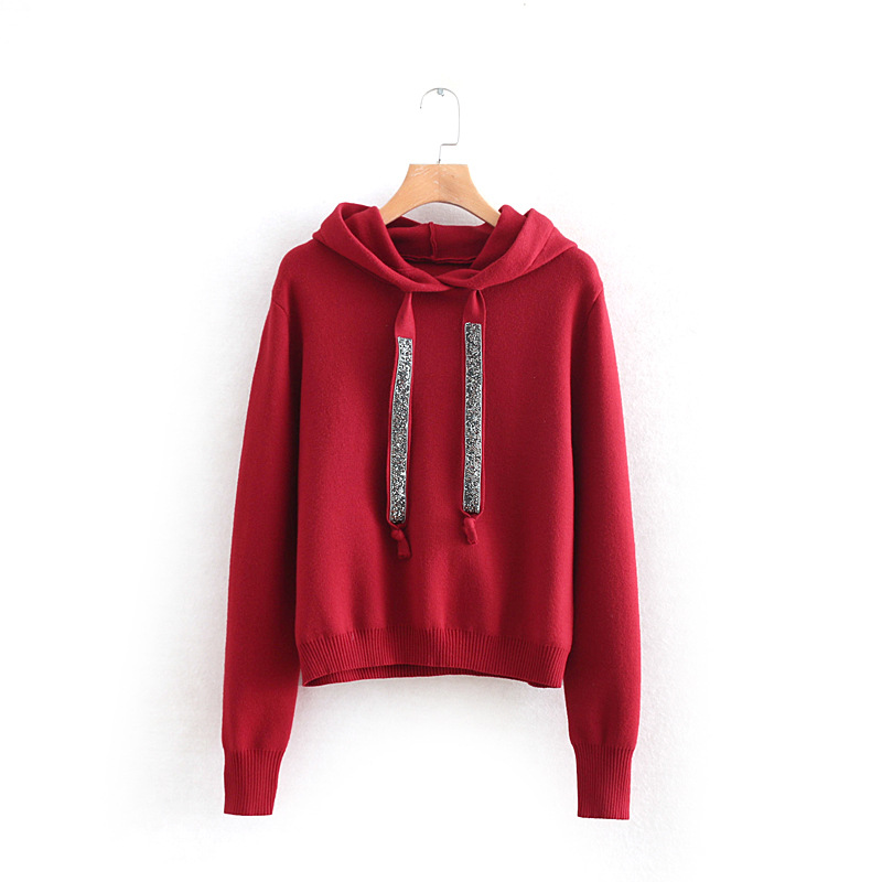 Women faux diamonds beading hooded knitted sweater long sleeve stretchy solid pullovers female casual chic tops alx