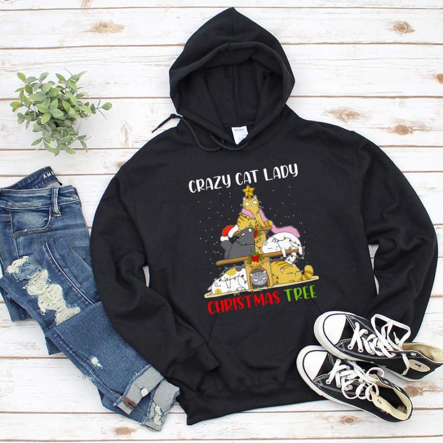 Cat christmas crazy lady christmas tree snow winter cat lover happy winter holyday hoodie for men and women S-5XL
