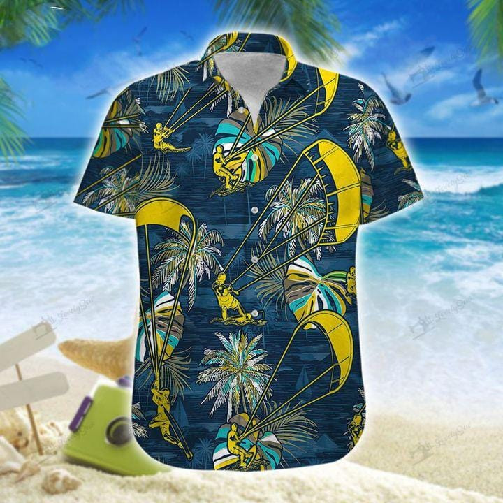 Kitesurfing Time Navy Yellow Palm Tree Pattern Unisex Hawaii Shirts Beach Shorts Ha110630