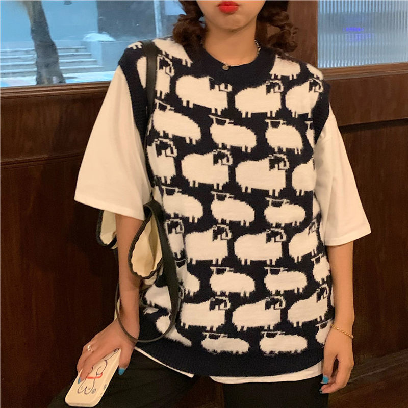 Sweater Vest Women Korean Style Chic Knitting O-Neck Cozy College Clothes Ins New Leisure All-match Spring Loose Harajuku Print alx