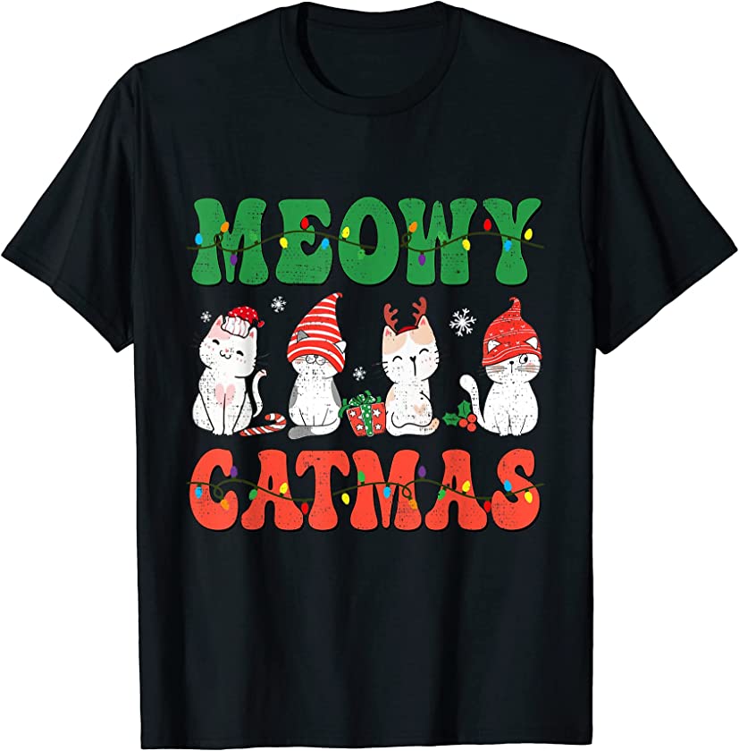 Meowy Catmas Christmas Cute Kitten Cat Santa Hat Xmas Pajama T-Shirt