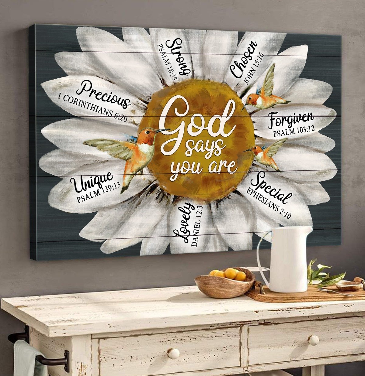 White Flower Graphic God Says You Are Precious Chosen Strong Unique Poster Print, Canvas Poster Wall Art, Canvas Print Wall Decor