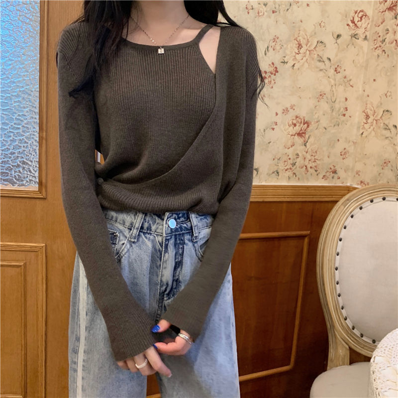 Coffee Lady 2 in 1 Woman Girl Sweaters Spring Knit Sweater Slim Clothing Vest Top Fiting Women Coat Pull Cloth hollowed Pullover alx