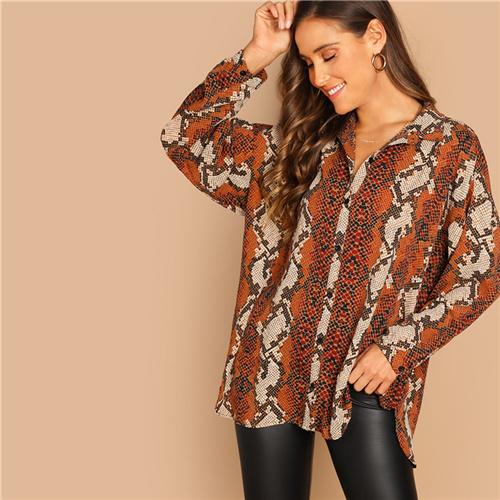 Rust Oversized Snake Animal Print Button Shirt Blouse Women Regular Fit  Spring Long Sleeve Tops and Blouses