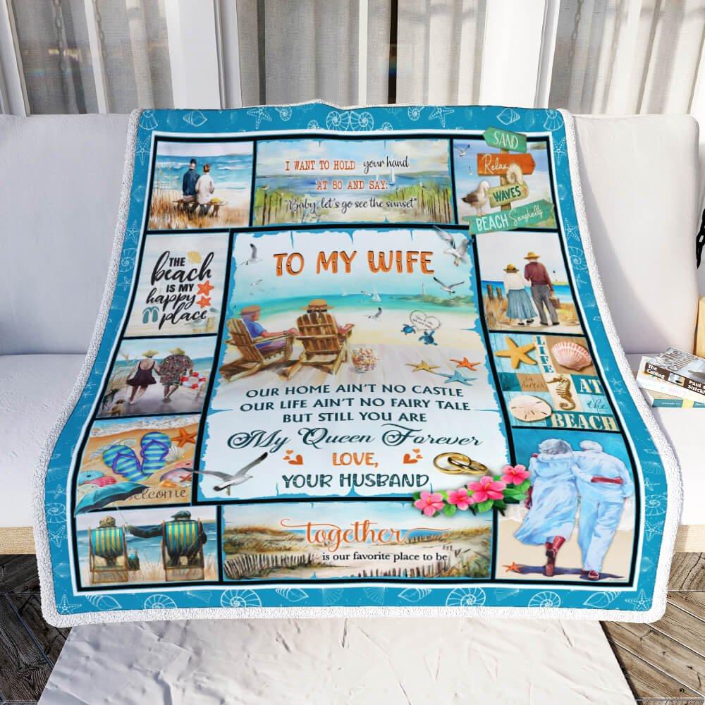 Beach Wife, You Are My Queen Forever Blanket Gift For Wife From Husband Birthday Gift Home Decor Bedding Couch Sofa Soft And Comfy Cozy