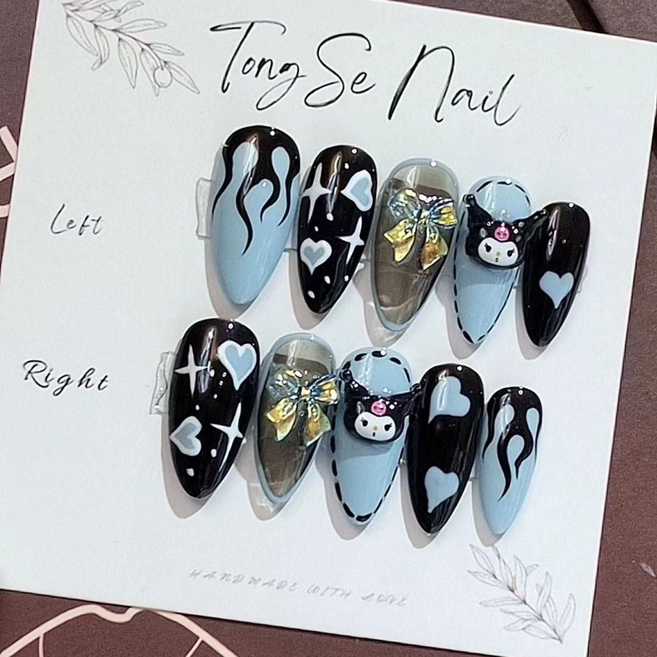 Black Frame and Green heart Kurommii Press On Nails/Black Anime Kawaii Fake Nails/Y2k nails/Japanese Cute Nails/ Reusable Fake Nails #131