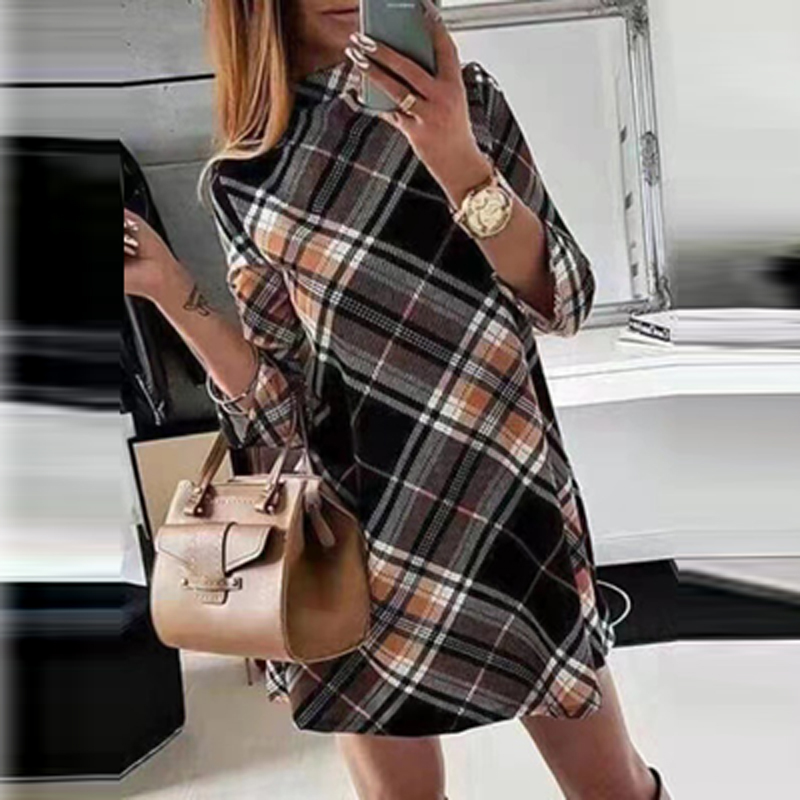 Women Elegant Turtleneck Pullover Dress Plaid Print Long Sleeve Above Knee Casual Dress Spring Autumn Long Sleeve Straight Dress alx