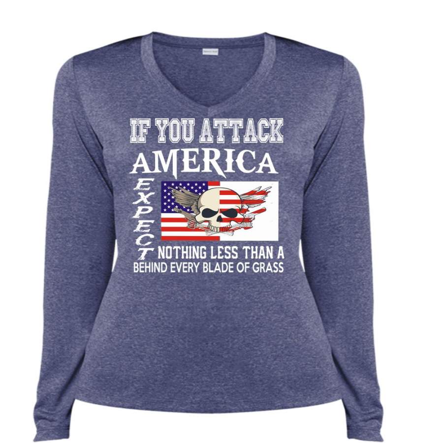 You Attack America Expect Nothing Less T Shirt, I Love Veteran T Shirt, Cool Shirt (Ladies LS Heather V-Neck)