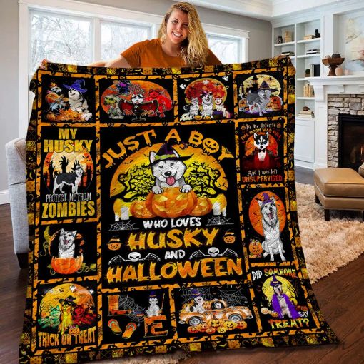 Just A Boy Who Loves Husky And Halloween Husky Witch With Jack O Lantern Pumpkin Bats Full Moon Halloween Blanket