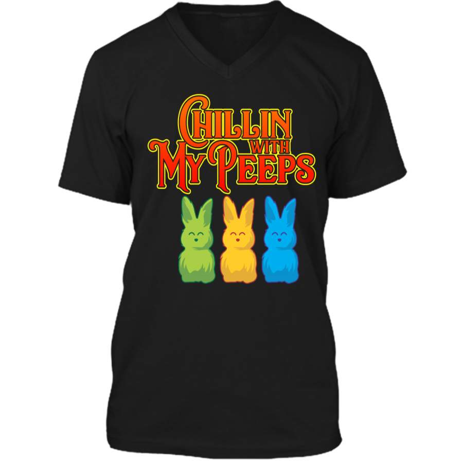 Chilling With My Peeps T-shirt Cool Easter Bunny Rabbit Tee Mens Printed V-Neck T