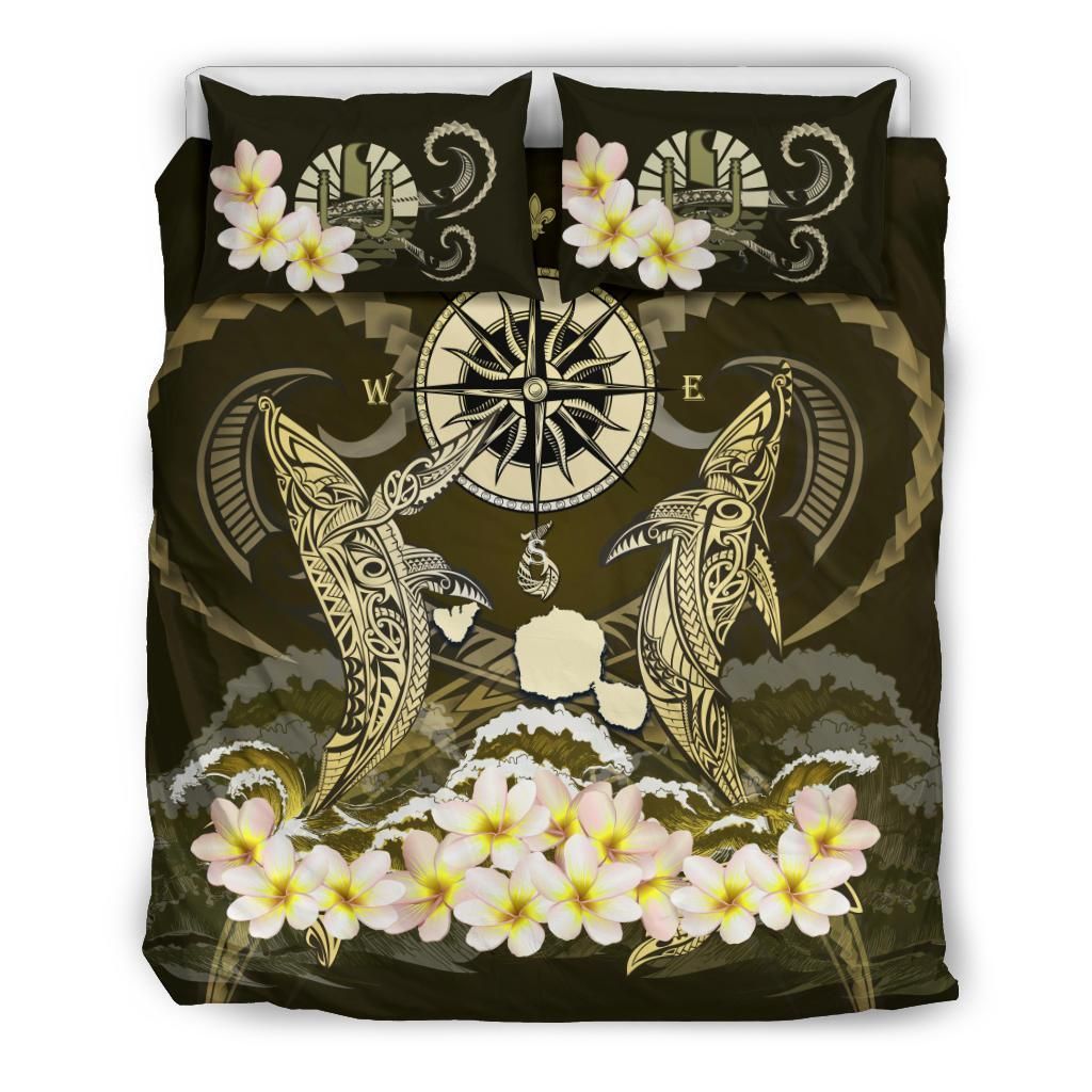 Alohawaii Bedding Set – Cover And Pillow Cases Tahiti – Shark Polynesia Compass Plumeria Gold A24