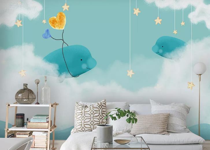 3D Hand Drawn Sky Cloud Star Dolphin Wall Mural Wallpaper Lqh 345