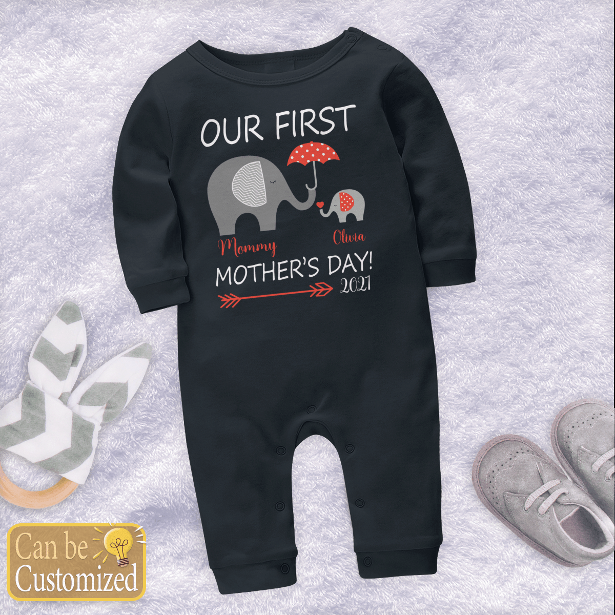 Personalized Our First Mother’s Day Elephant Long Sleeve Baby One Piece