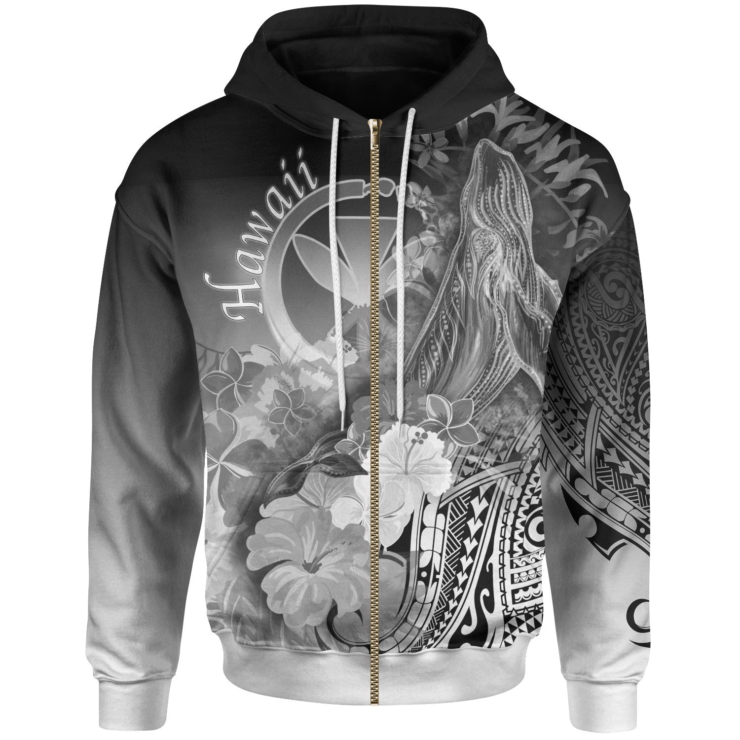 Polynesian Hawaii Zip-Up Hoodie – Kanaka Maoli Humpback Whale With Tropical Flowers (White)