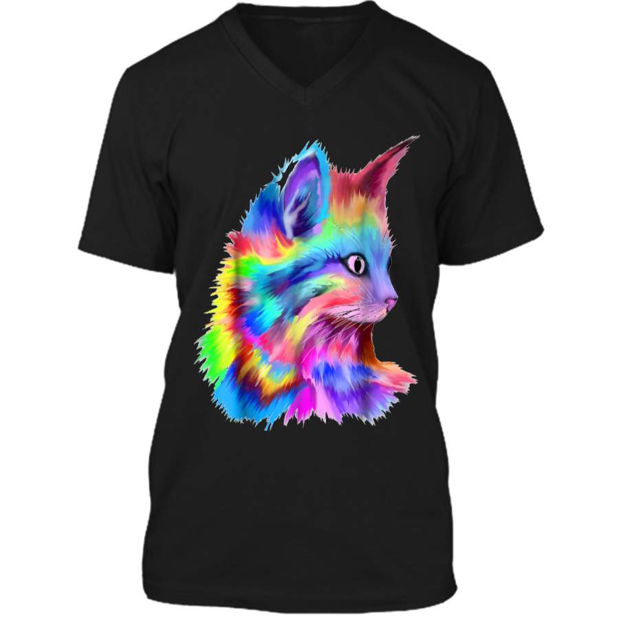 Colorful Cute Rainbow Kitten Cat Psychedelic Rave Edm  Mens Printed V-Neck T