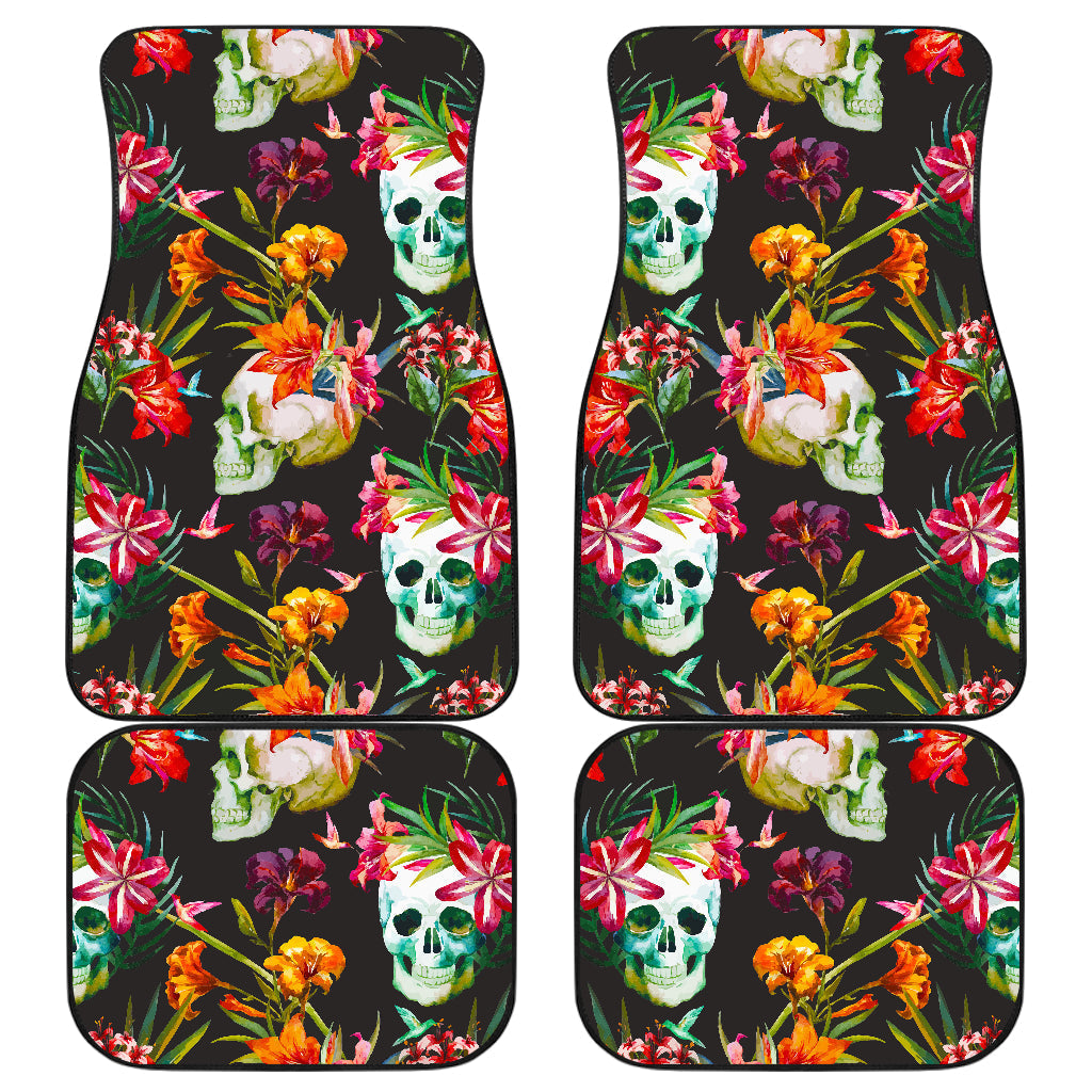 Blossom Flowers Skull Pattern Print Front And Back Car Floor Mats, Front Car Mat