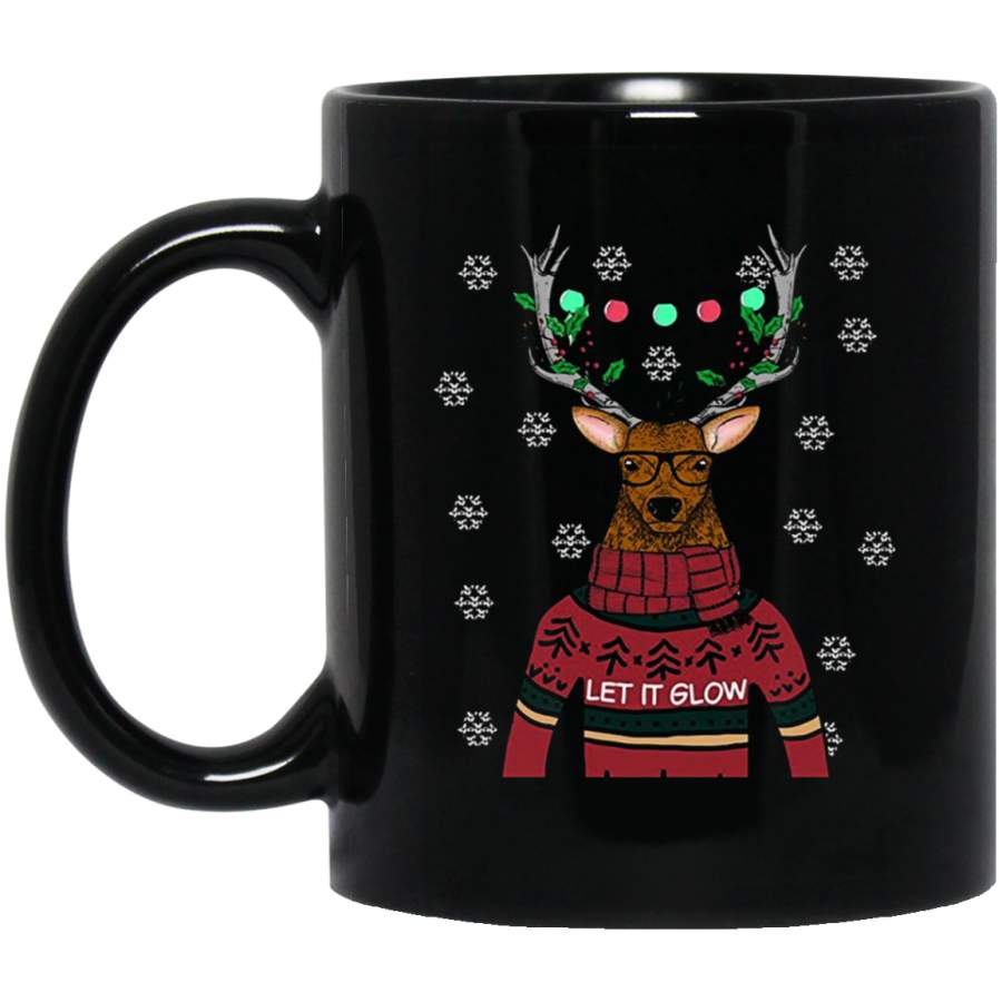 Ugly Christmas Sweater Style Let It Glow Reindeer 11 oz 15 oz Black Mug