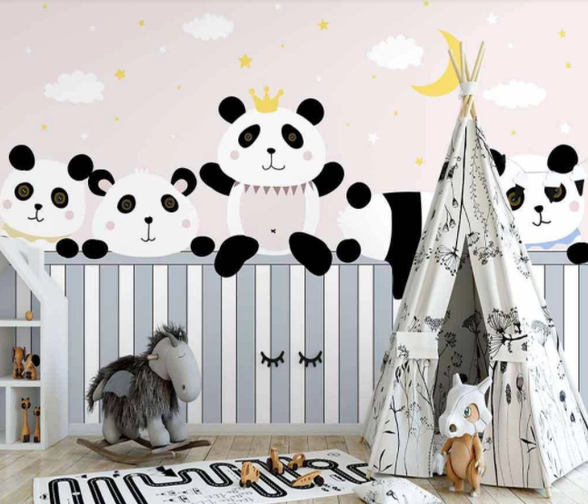 3D Cartoon Star Moon Panda Animal Cloud Pink Wall Mural Wallpaper Lxl