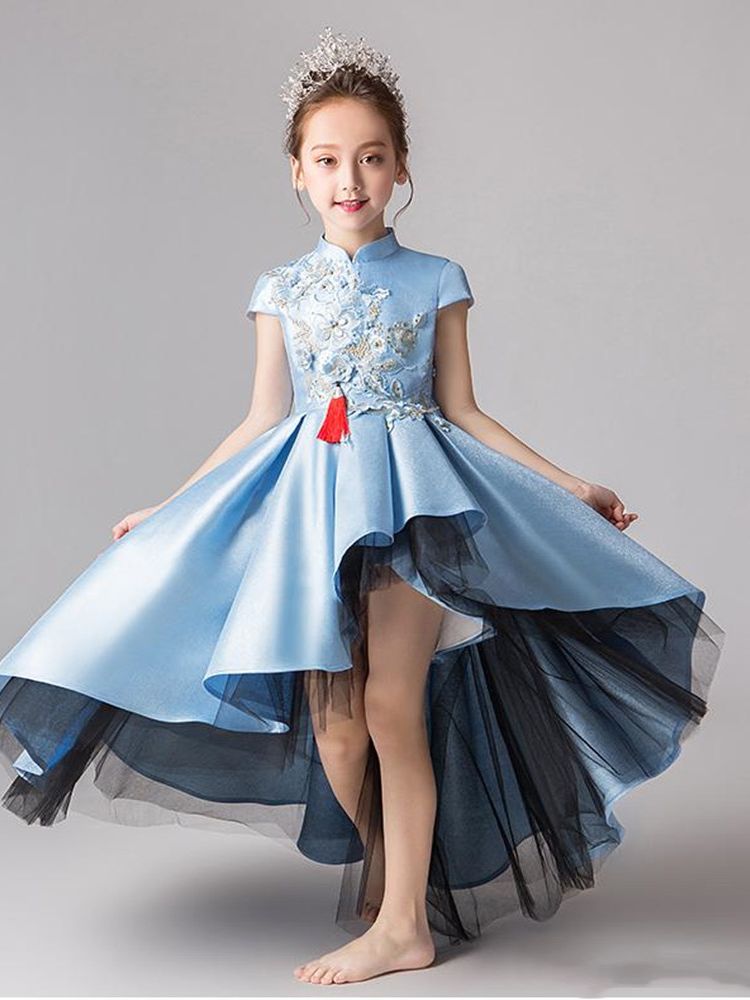 Sweet Blue Satin Applique Girl’s Pageant Dresses Flower Girl Dresses Princess Party Dresses Child Skirt Custom Made alx