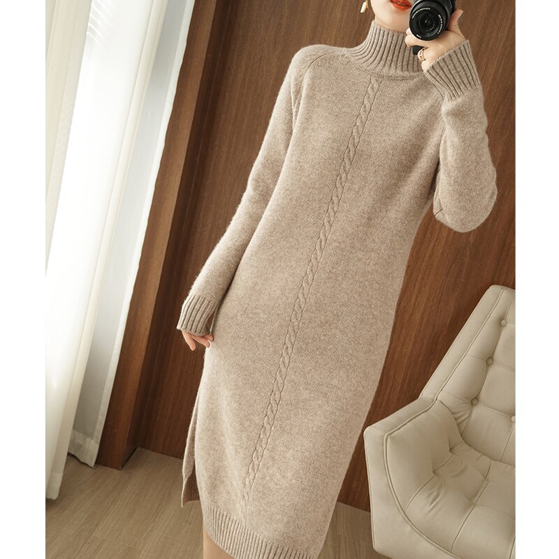 2020Thick Dress Warm 100%Wool Long Sweater Women Autumn Winter High-Neck Over-The-Knee Cashmere Knit Dress Large Size Base Shirt alx