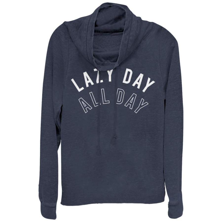 CHIN UP Junior’s Lazy Day All Day  Cowl Neck Sweatshirt Navy Blue