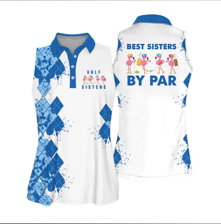 Best Sisters By Par Women Sleeveless Polo Shirt Blue, Golf Polo Shirt For Women