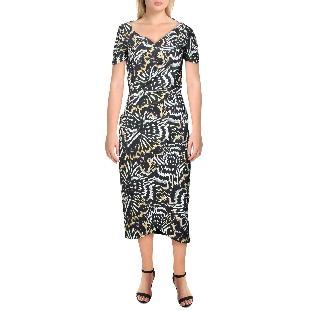 Petites Womens Animal Print V-Neck Midi Dress