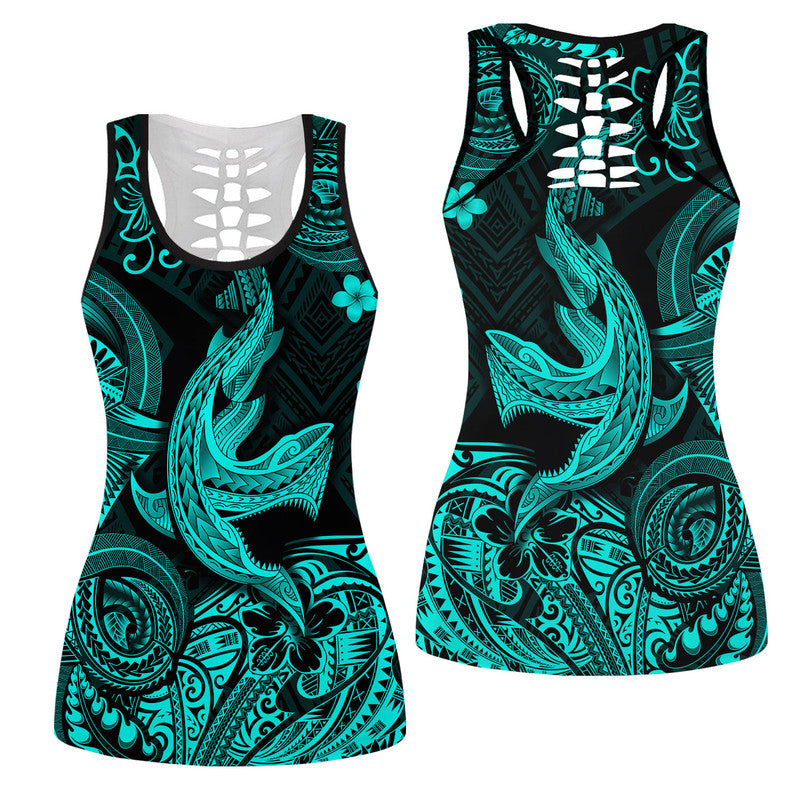 Hawaiian Angry Shark Polynesian Hollow Tank Top Unique Style Turquoise Ha51564