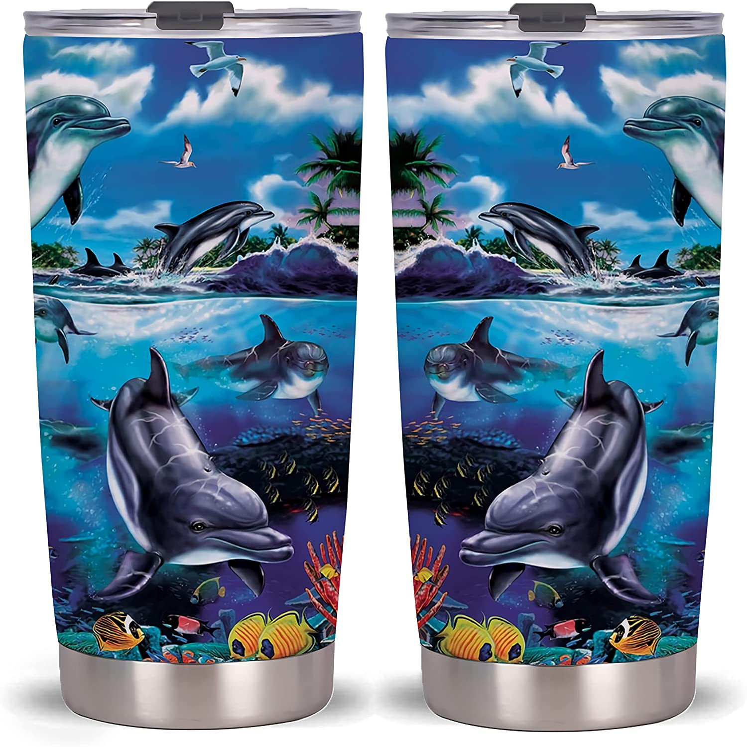 Dolphin 20Oz Tumbler Cup Vacuum Insulated Stainless Steel Coffee Travel Mug With Lid Sea World Dolphin