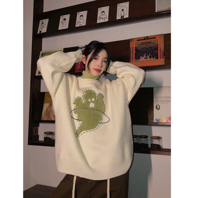 Women Apricot Sweater Round Neck Embroidery Fashion Vintage Leisure Lazy Wind Loose Winter Female Thicken Warm Knitting Pullover alx