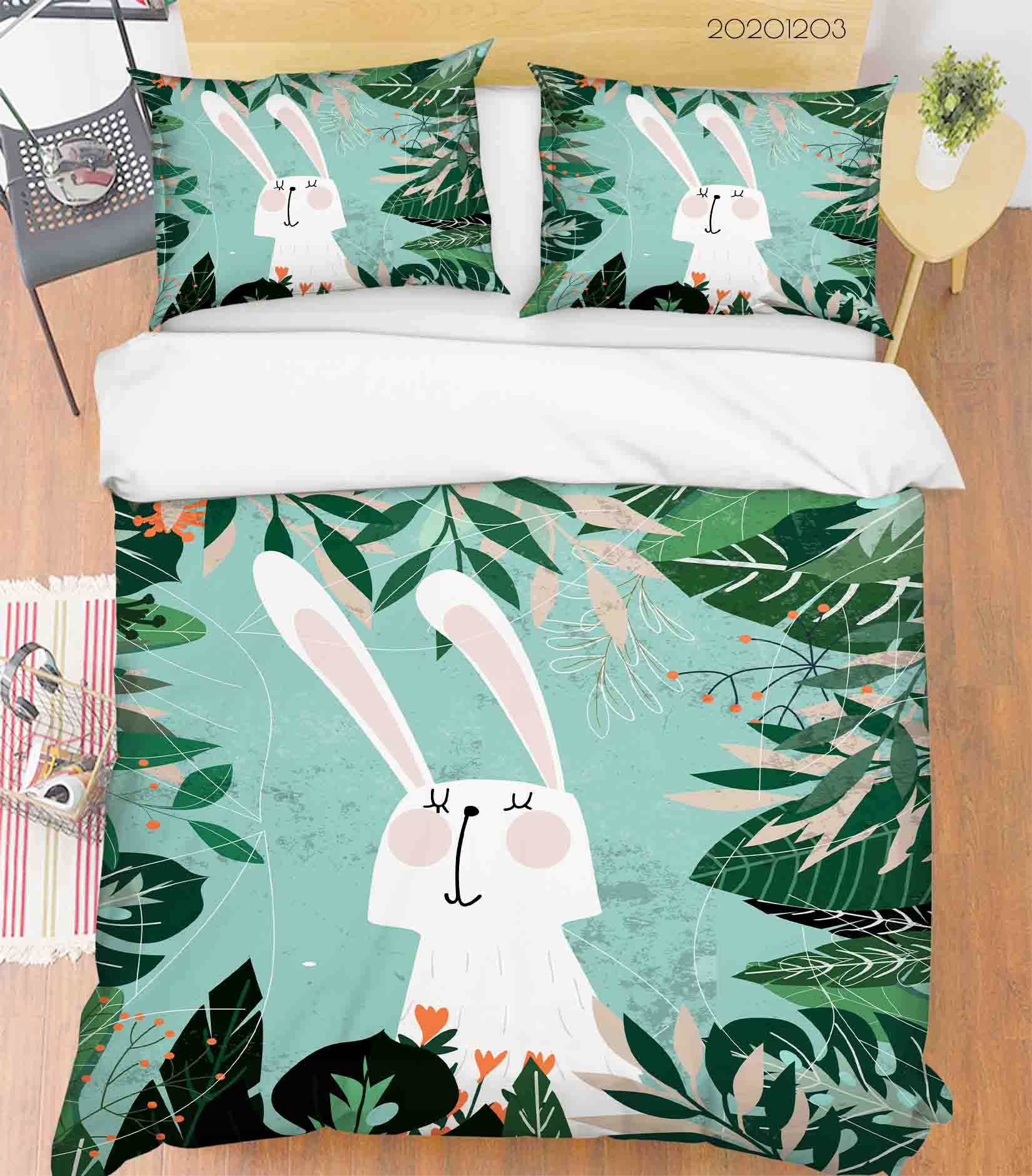 3D Cartoon Hand Drawn Green Leaves Plant Bunny Animal Quilt Cover Set Bedding Set Duvet Cover Pillowcases Lxl