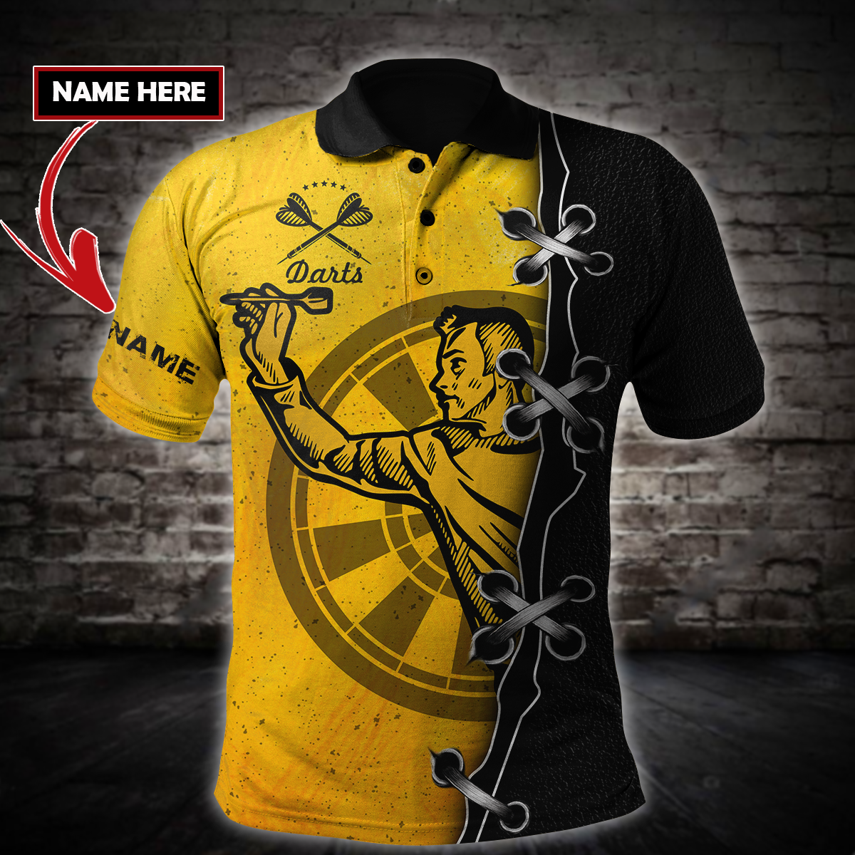 Coolspod Darts Player No Personalized Name Polo Shirt, Black And Yellow Dart Shirt