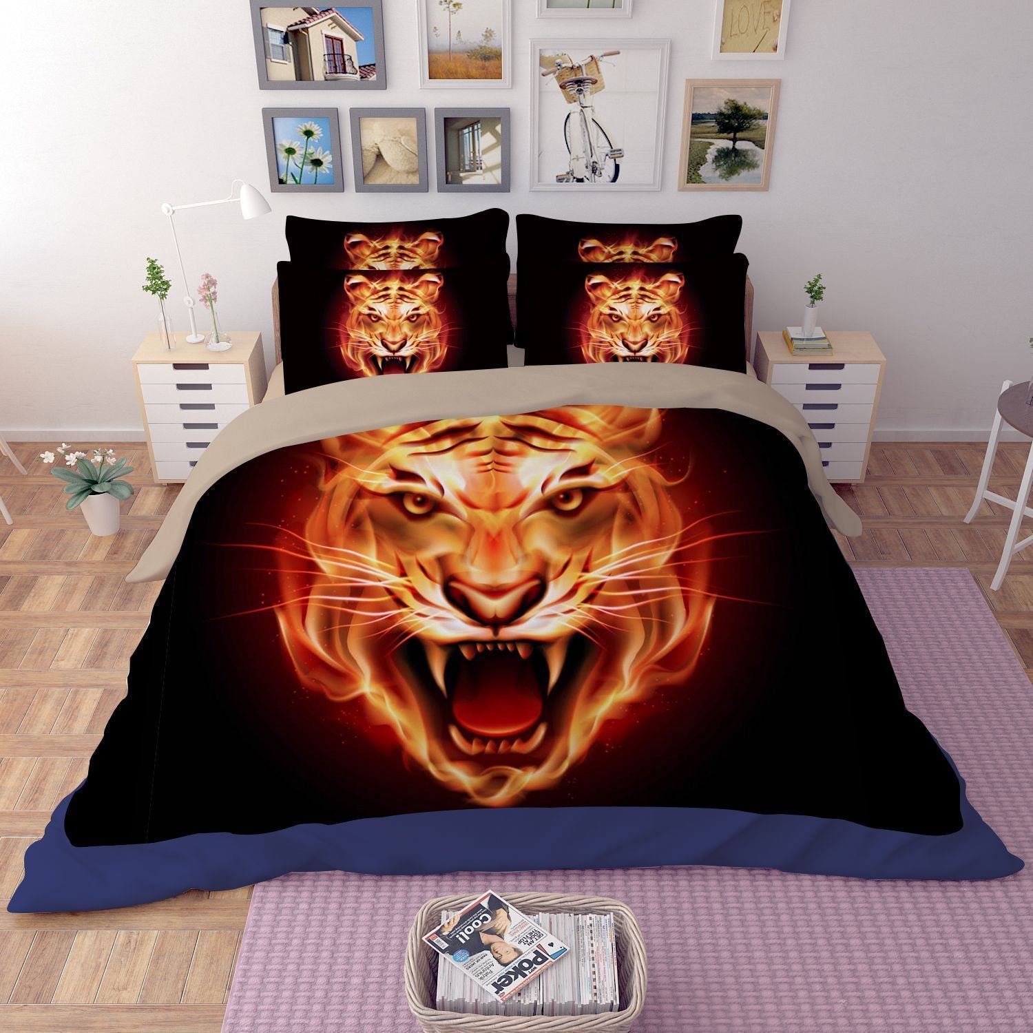 3D Stunning Flaming Tiger Face Printed Bedding Set