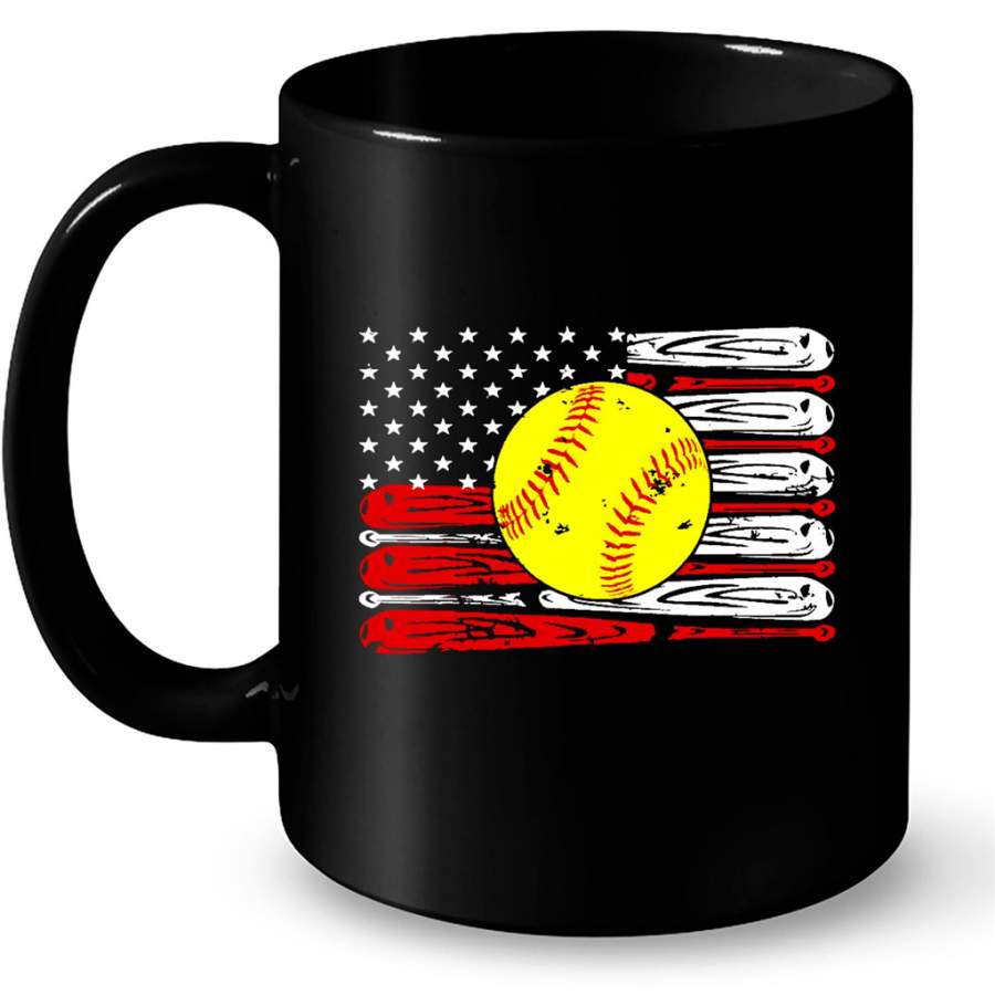 Vintage Softball American Flag Shirt 4th Of July B – Full-Wrap Coffee Black Mug