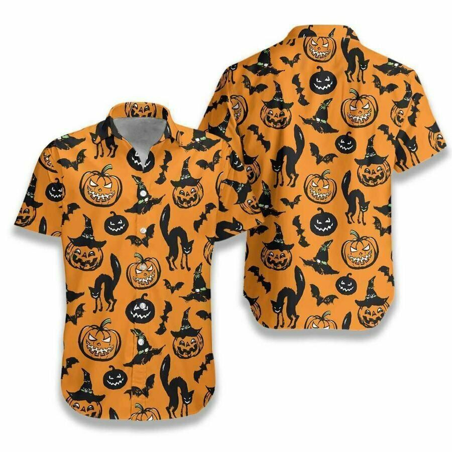 Scary Black Cat Halloween Hawaii Unisex Print Aloha Short Sleeve Casual Shirt Ha54676