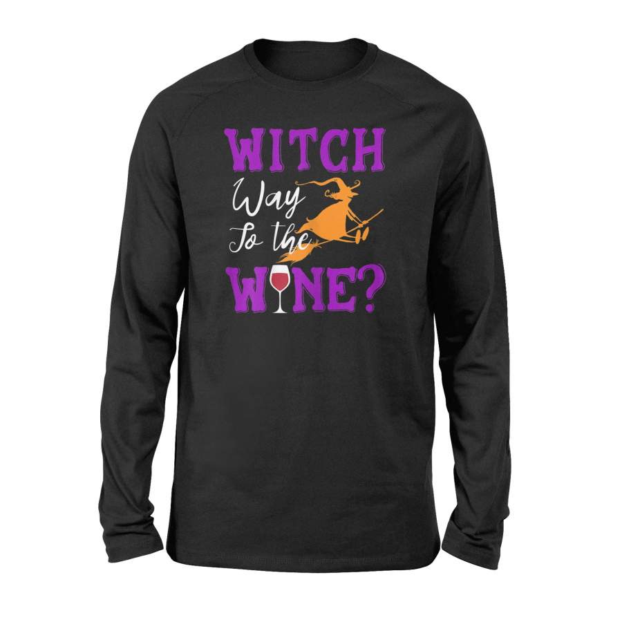 Womens Witch Way To The Wine Halloween Women Booze Broom Funny T-Shirt – Standard Long Sleeve