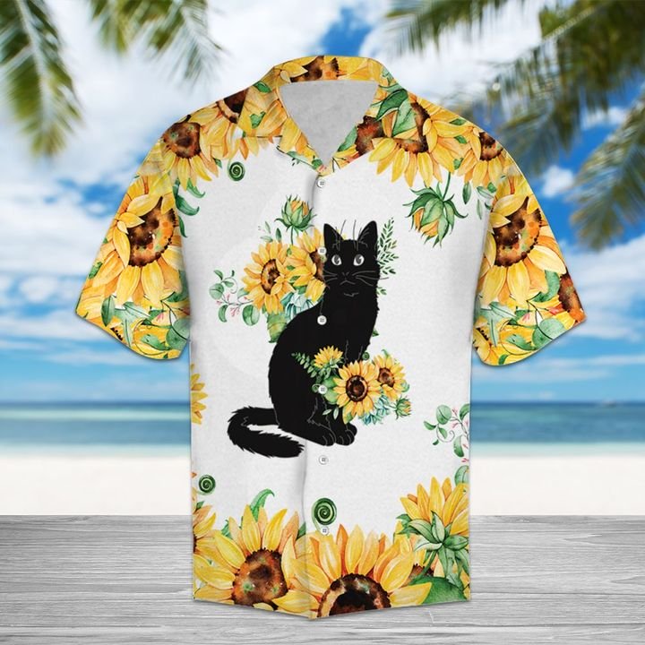 Sunflower Black Cat Hawaii Shirt Summer Button Up For Couple Ha38008