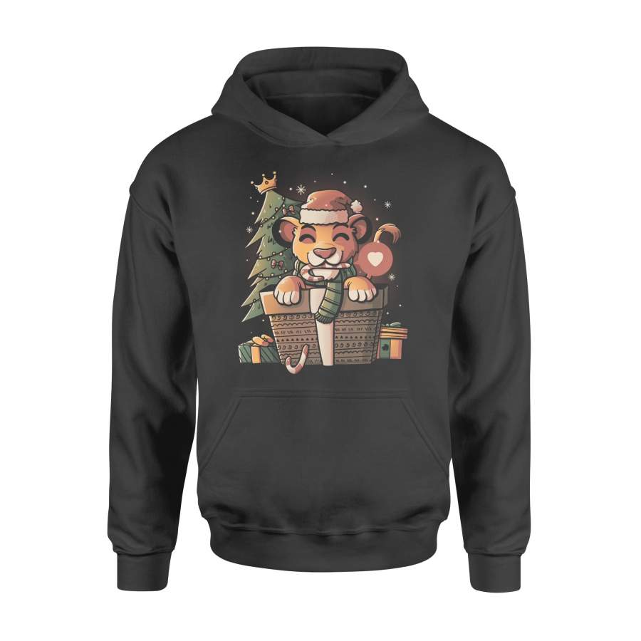 Christmas Gift Adorable Lion Dressed In Santa Claus’s Outfit Is Eating Candy Cane In A Gift Box Next To The Crown Pine – Standard Hoodie